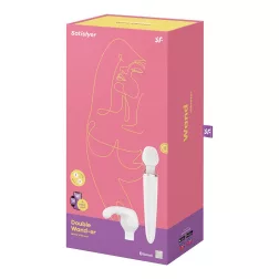   Satisfyer Double Wand-er akkumulátoros kézi masszírozógép, két fajta fejjel (fehér) (APP-os)