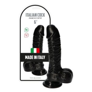 Italian Cock vastagított tapadókorongos dildó, herékkel (6" - fekete)