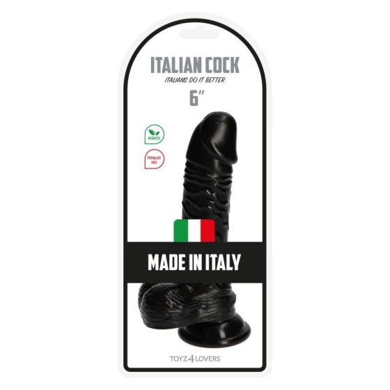 Italian Cock vastagított tapadókorongos dildó, herékkel (6" - fekete)