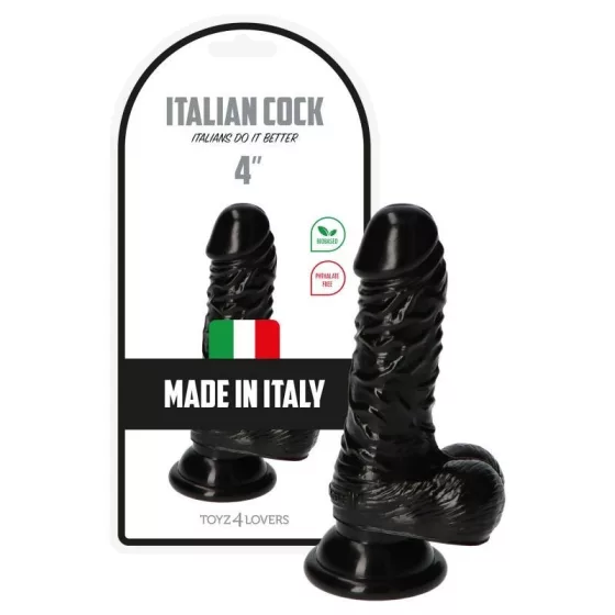 Italian Cock – tapadókorongos dildó herékkel (4", fekete)
