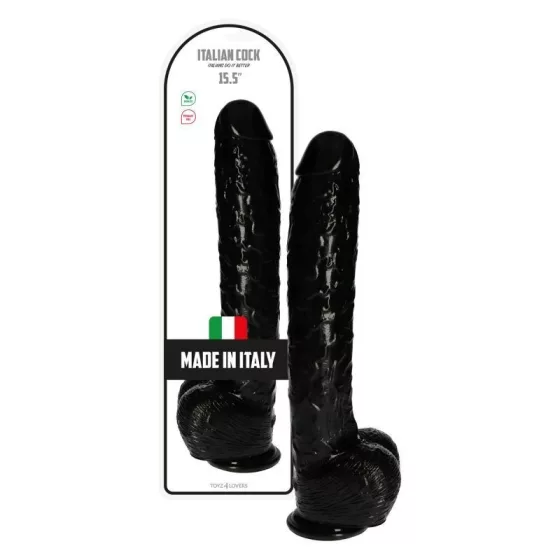 Italian Cock – tapadókorongos óriás dildó herékkel (15,5", fekete bőrszín)
