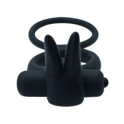   Dupla péniszgyűrű, vibrációval, stimuláló ágakkal szilikonból (fekete)