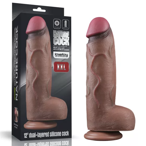 Nature Cock – dupla rétegű, extra vastag szilikon dildó (12", barna bőrszín)